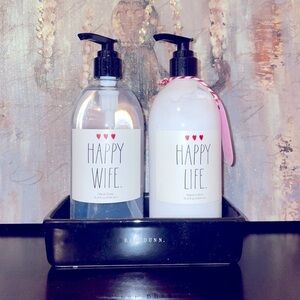 Rae Dunn Scented Hand Soap Hand Lotion and Ceramic Dish Happy Life Happy Wife